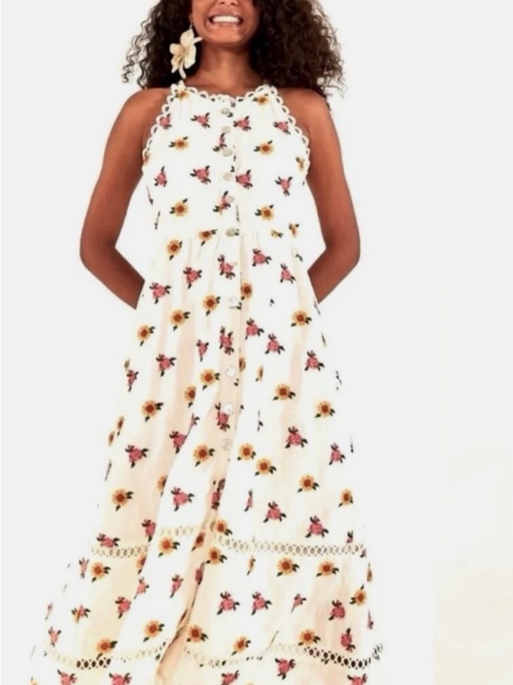 Anthropologie White Halter Dress with Dainty Pink and Yellow Flowers